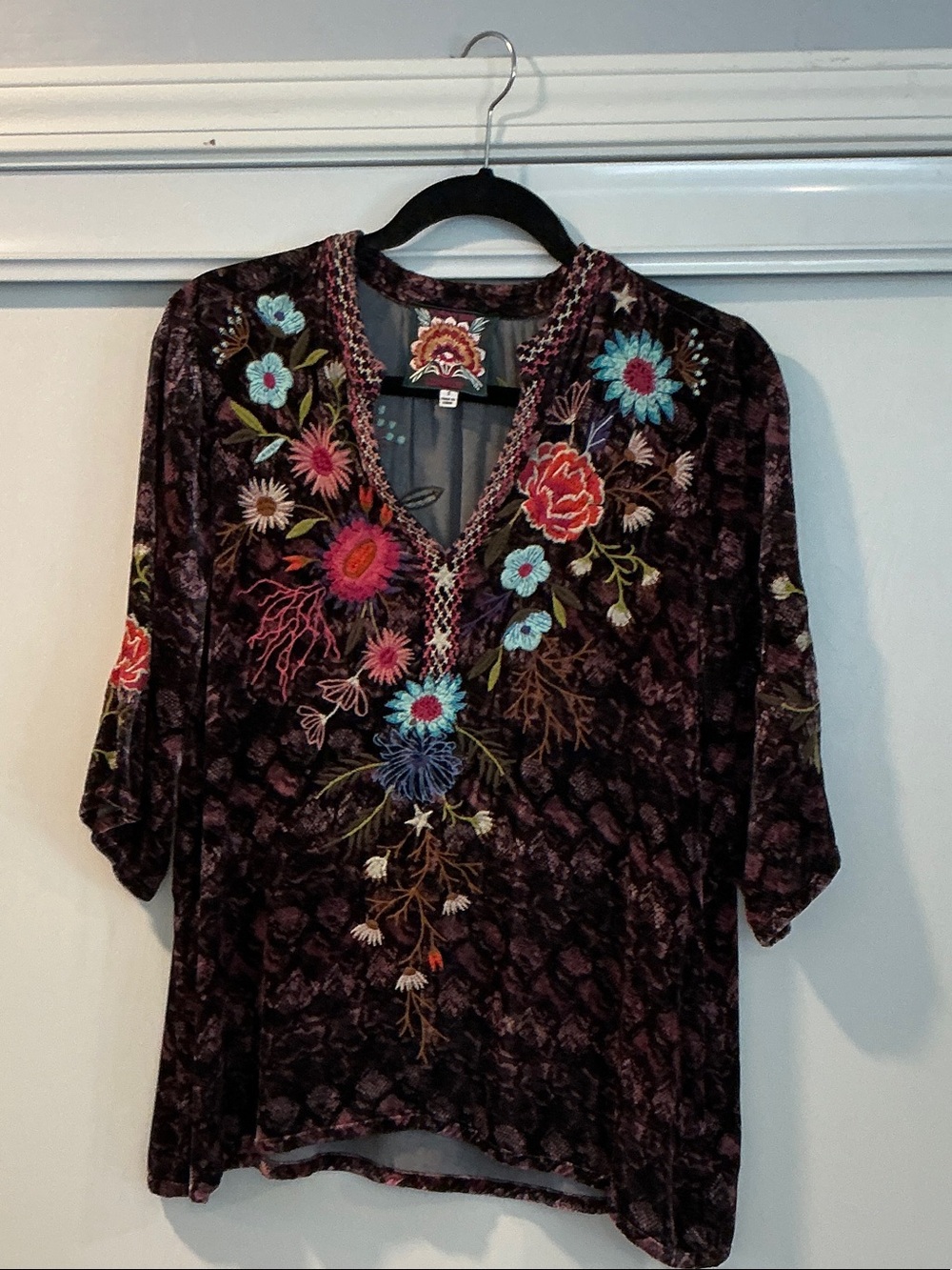 Johnny Was Deep Plum Velvet Tunic with Colorful Floral Embroidery